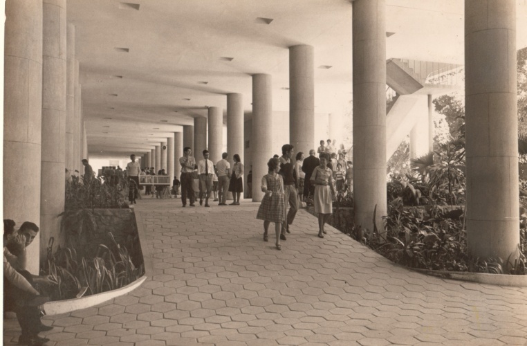 Alunos e professores nos pilotis do Edifício Cardeal Leme. c. 1960. Fotógrafo desconhecido. Acervo da Vice-Reitoria de Desenvolvimento. Alunos e professores nos pilotis do Edifício Cardeal Leme. c. 1960. Fotógrafo desconhecido. Acervo da Vice-Reitoria de Desenvolvimento.