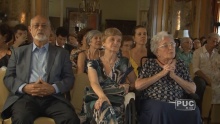 O presidente da ABL, Prof. Domício Proença Filho e a homenageada, Profa. Cleonice Berardinelli. Fonte: TV PUC.